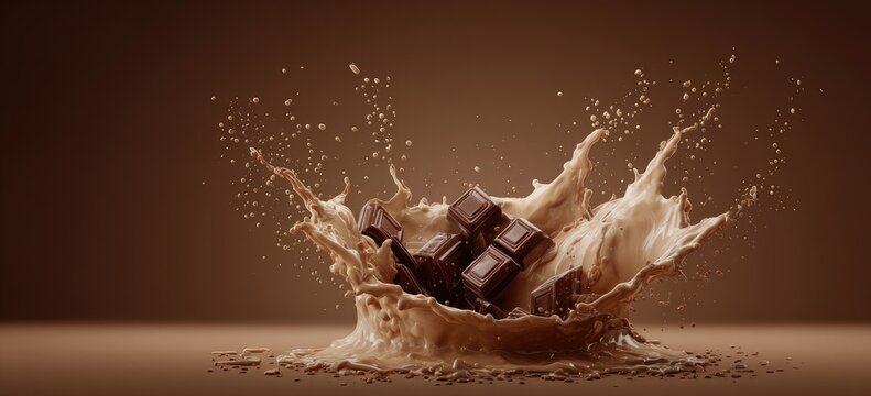 Dark chocolate pieces falling into a splash of creamy, brown liquid. The action creates a dramatic, dynamic, and delicious display