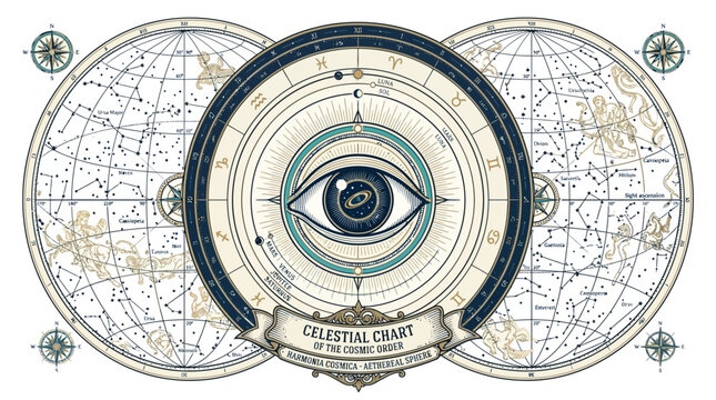 Vintage Celestial Chart with All-Seeing Eye and Zodiac Constellations