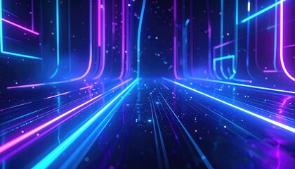 Fototapeta premium Futuristic digital neon tunnel with glowing lines in purple and blue, creating depth and a sense of movement