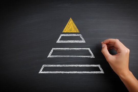 Hand draws a yellow triangle atop a chalk-drawn tiered shape, suggesting a hierarchy or progress, on a dark chalkboard