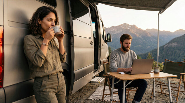 Couple of digital nomads enjoying vanlife, man working on laptop at a table while woman drinks coffee leaning against their camper van in the mountains at sunset