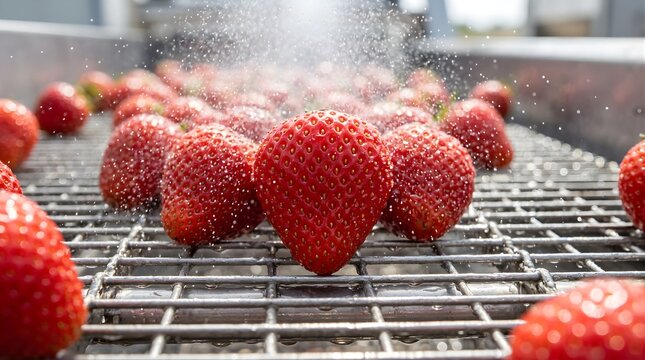 Fresh strawberries being washed on a metal conveyor belt in a factory