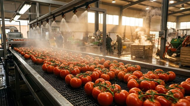 Fresh tomatoes on a factory conveyor belt being sprayed with water