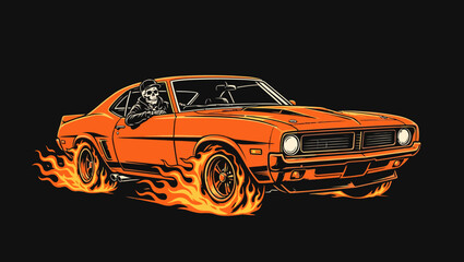 Fototapeta premium Orange vintage car with flames and skeleton driver on black background for Halloween