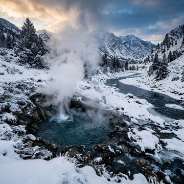 Steaming Hot Spring in a Snowy Mountain Landscape at Dusk.