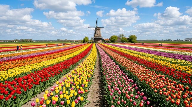 Vast Dutch Tulip Fields with Historic Windmill Under Blue Sky.