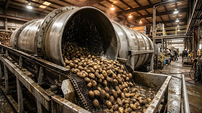 Potatoes being washed in large industrial drum inside a food factory