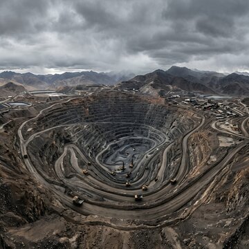 Vast Open Pit Mine Excavation Under Dramatic Cloudy Sky.