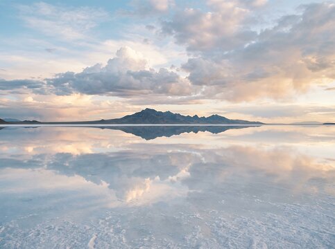 Vast Salt Flats Reflecting Dramatic Clouds and Distant Island Mountain.