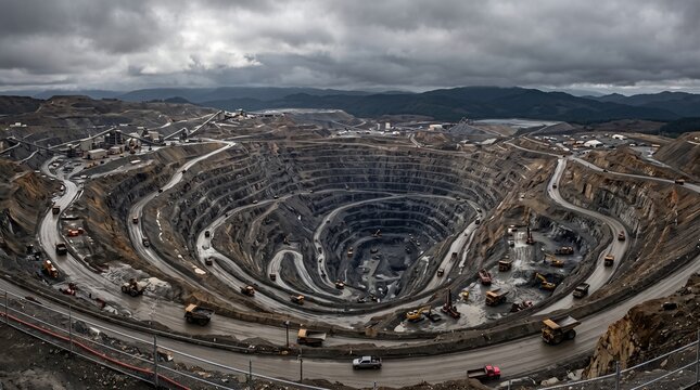 Vast Open Pit Mine Excavation with Trucks and Dramatic Sky.