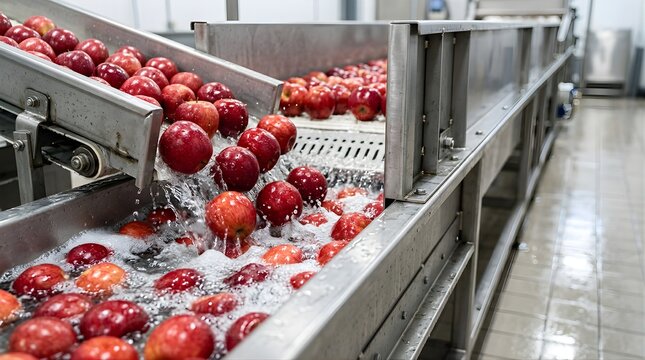 Red apples being washed on a metal conveyor belt in a food factory