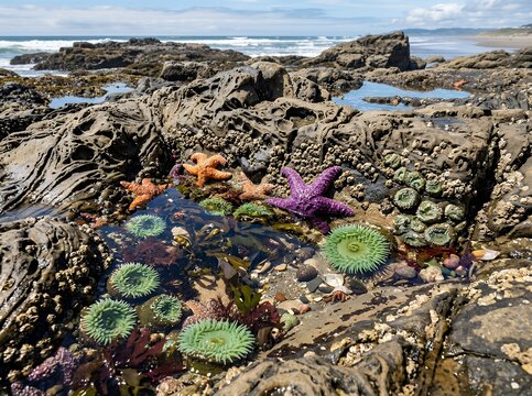 Vibrant Tide Pool Ecosystem with Starfish and Anemones on Rocky Shoreline.