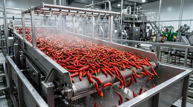 Red chili peppers being washed on a conveyor belt in a food factory