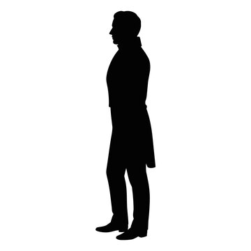 A striking black silhouette of a gentleman from the 1800s, depicted in profile wearing a formal tailcoat and a high-collared shirt from the era.