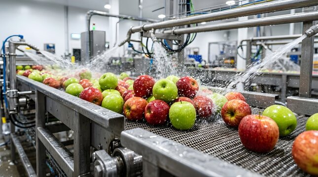 Fresh apples being washed on a conveyor belt in an industrial factory