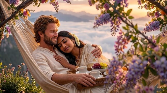 Multicultural Honeymoon Couple Relaxing in a Luxury Mountain Hammock &ndash; Romantic Sunrise Escape Above the Clouds