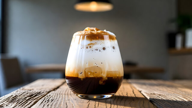 Iced Coffee Delight: A tall glass of cold brew coffee, layered with creamy foam and a swirl of caramel, sits on a rustic wooden table, inviting a refreshing sip.