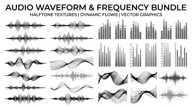 Audio Waveform, Frequency Bundle, Halftone Textures, Vector Graphics isolated on White Background