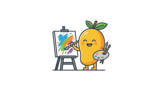 Cute mango character painting a colorful canvas on easel.