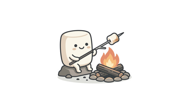 Cute marshmallow character roasting marshmallows over a campfire.