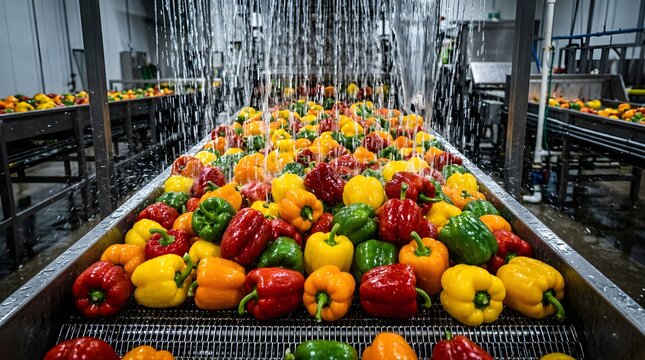 Fresh bell peppers washed on an industrial conveyor belt in a factory