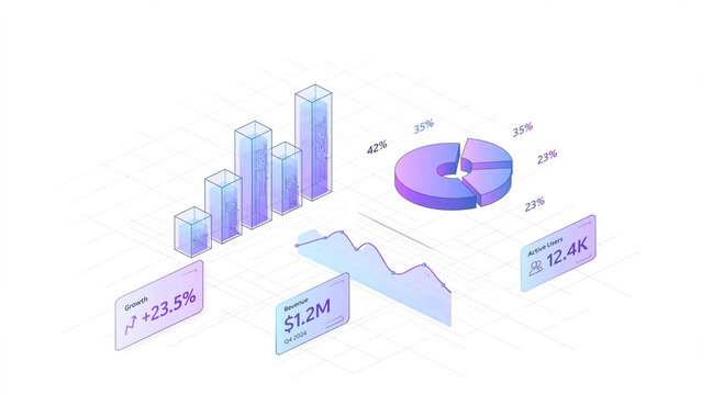 Clean Light Isometric Data Analytics Dashboard, Pastel Financial Charts on White Background