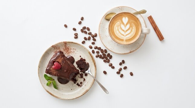Top-down view of a chocolate cake slice with a raspberry, a cup of latte with art, coffee beans, and a cinnamon stick on a white background.