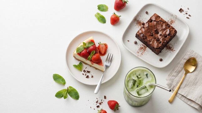 A top-down view of a strawberry cheesecake, a chocolate brownie, and an iced matcha latte on a white table.