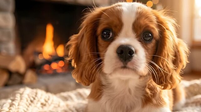 Cavalier King Charles Spaniel by Fireplace.