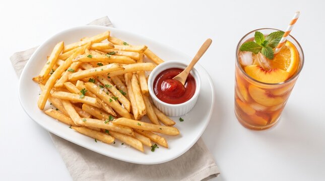 A high-angle, studio shot of crispy, golden-brown French fries piled on a white oval plate, garnished with coarse salt and chopped parsley.