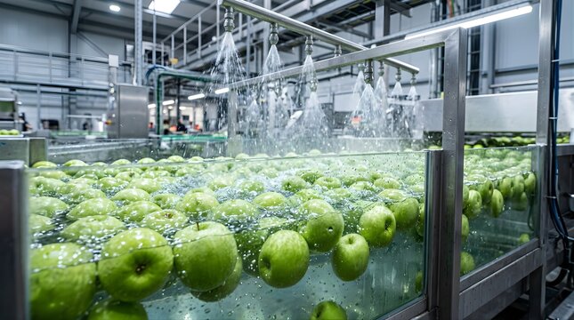 Fresh green apples washing in water on an automated industrial factory line