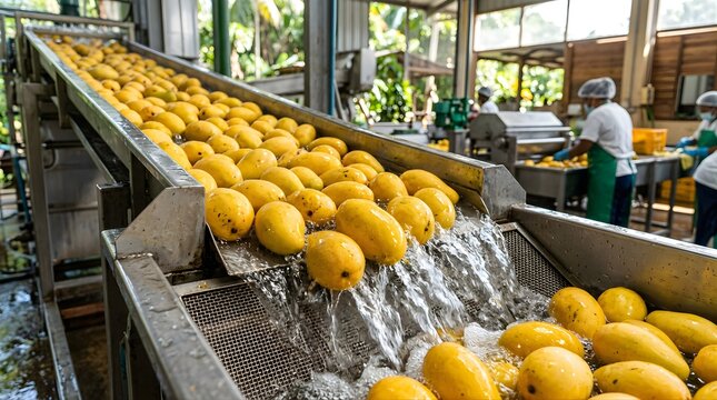 Fresh mangoes moving on a conveyor belt in a food processing factory