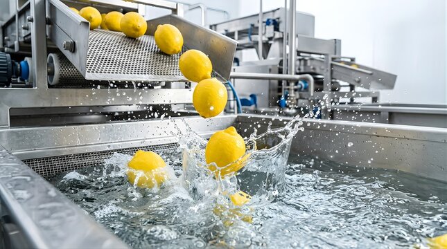 Fresh lemons falling from factory conveyor belt into water splash tank
