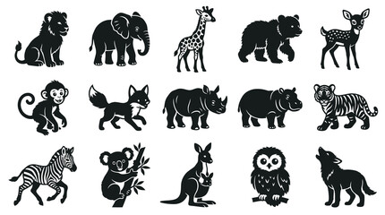Obraz premium Black White Vector Icons of Wild Animals: Lion, Elephant, Giraffe, Bear, Deer, Monkey, Fox, Rhino, Hippo, Tiger, Zebra, Koala, Kangaroo, Owl, Wolf
