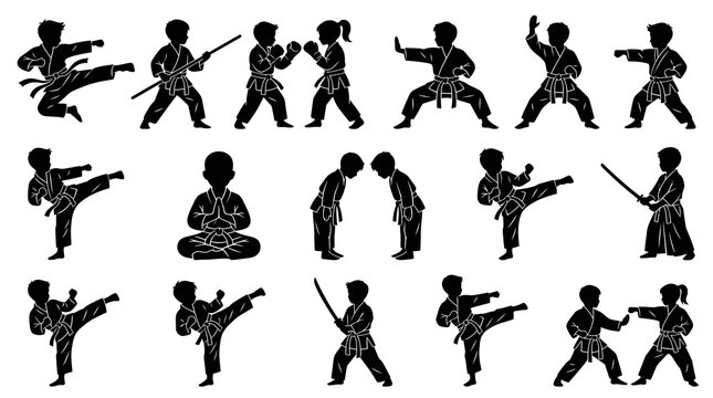 Karate Kids Silhouettes: Martial Arts Action Poses, Black and White Vector Art