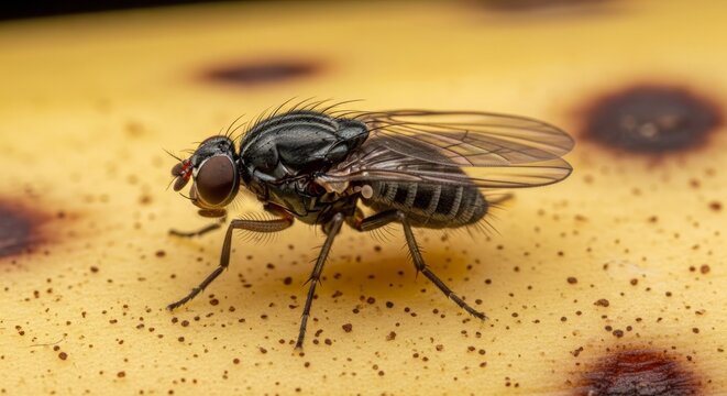Fruit Fly Resting on Fresh Ripe Fruit Extreme Macro Insect Photography