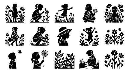 Fototapeta premium Children Silhouettes in Garden Playing with Flowers and Butterflies, Black and White Vector Art