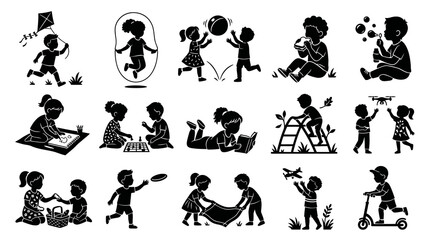 Fototapeta premium Black White Glyph Set of Children Playing Outdoor Games and Activities