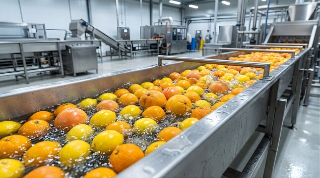 Fresh oranges and lemons washing in industrial water conveyor system