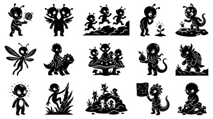 Naklejka premium Cute Alien Monster Silhouettes - Black and White Cartoon Characters