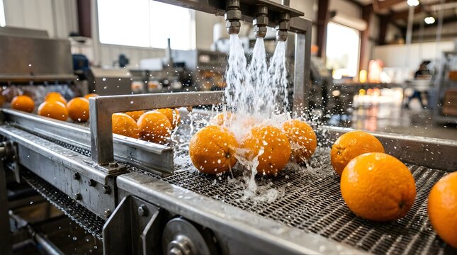Fresh oranges being washed on a conveyor belt in a food production plant