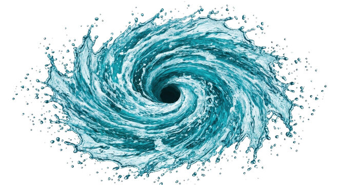 Swirling blue water vortex with droplets on white background