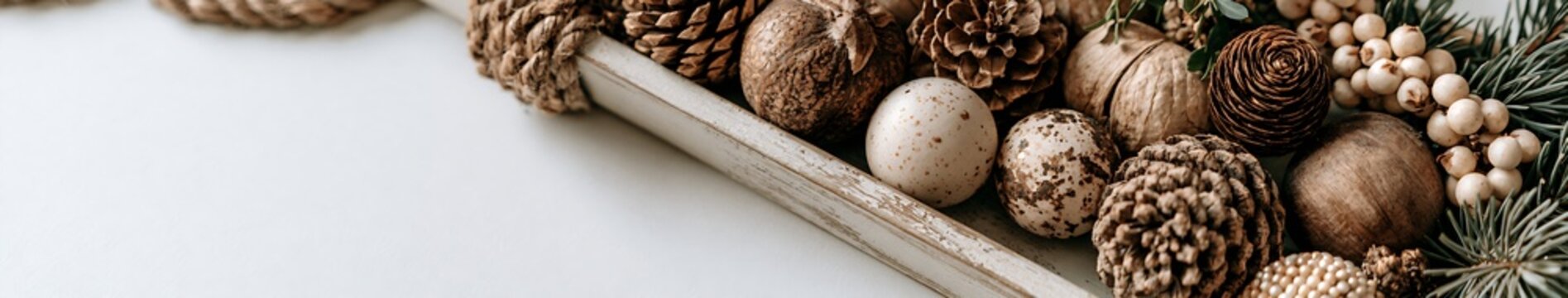 Minimal natural holiday decor in a distressed wooden tray with pine cones, wooden baubles and evergreen sprigs on white background