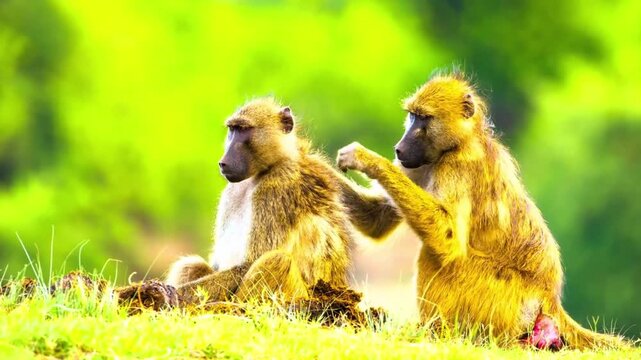 Baboons Grooming Each Other on Grassy Hill with Baby