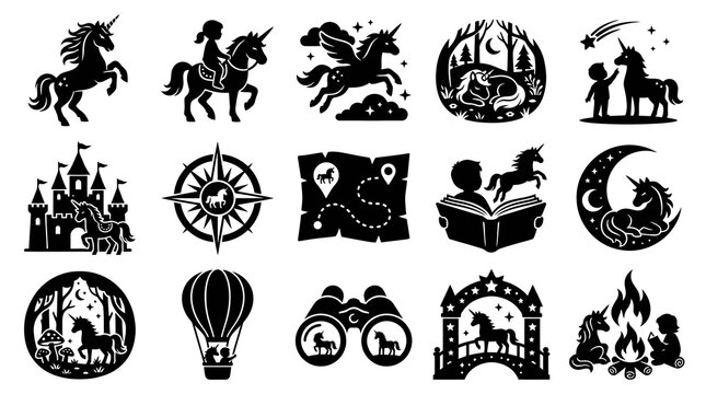 Black  White Unicorn Silhouettes: Magical Adventure Icons for Fantasy