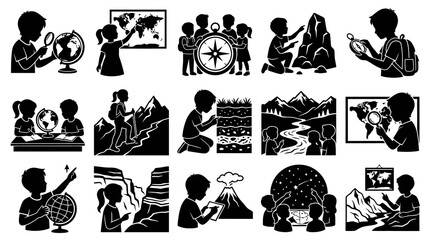 Fototapeta premium Earth Science and Geography Education Black and White Silhouette Glyph Icons Set