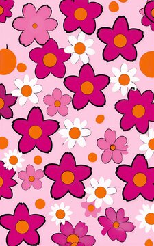 Pink and white flowers with orange centers on a pastel pink background.