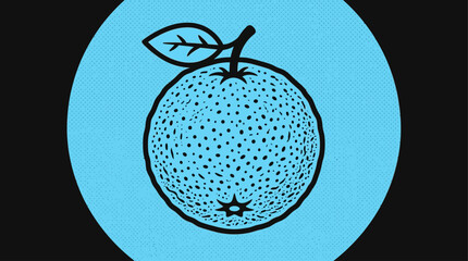 Orange fruit graphic stands out as a circular blue emblem against a high-contrast black background. © Art