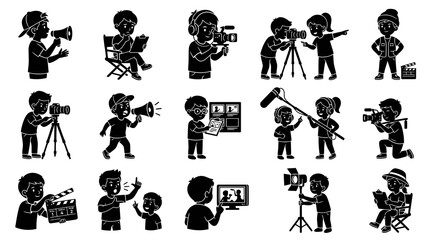 Obraz premium Filmmaking Kids Black White Icons: Director, Camera, Clapperboard, Studio Lights