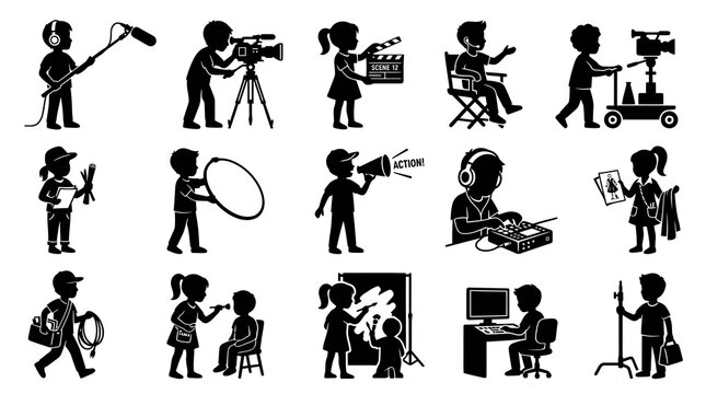 Film Industry Kids Crew Roles Glyph Set - Entertainment Production Black and White Silhouette Icons